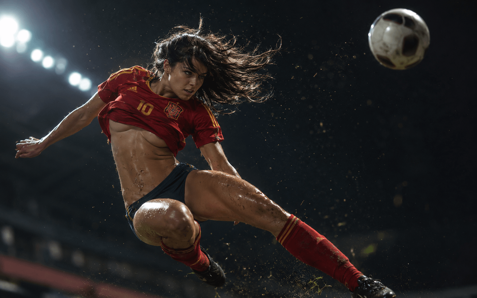 Soccer Player Mid Air Night Stadium Volley Kick