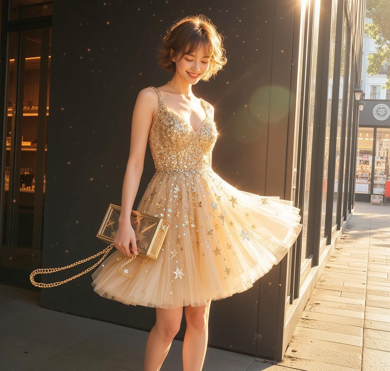Gold Tulle Dress on City Street