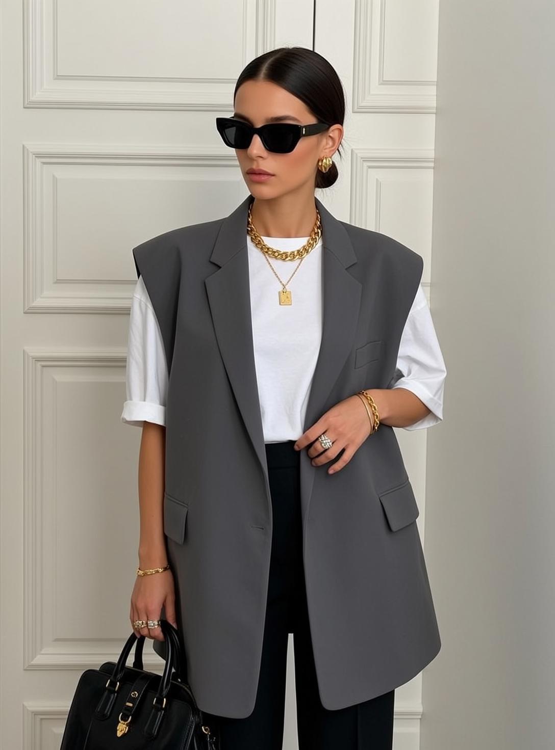 White Tee and Grey Blazer Indoors
