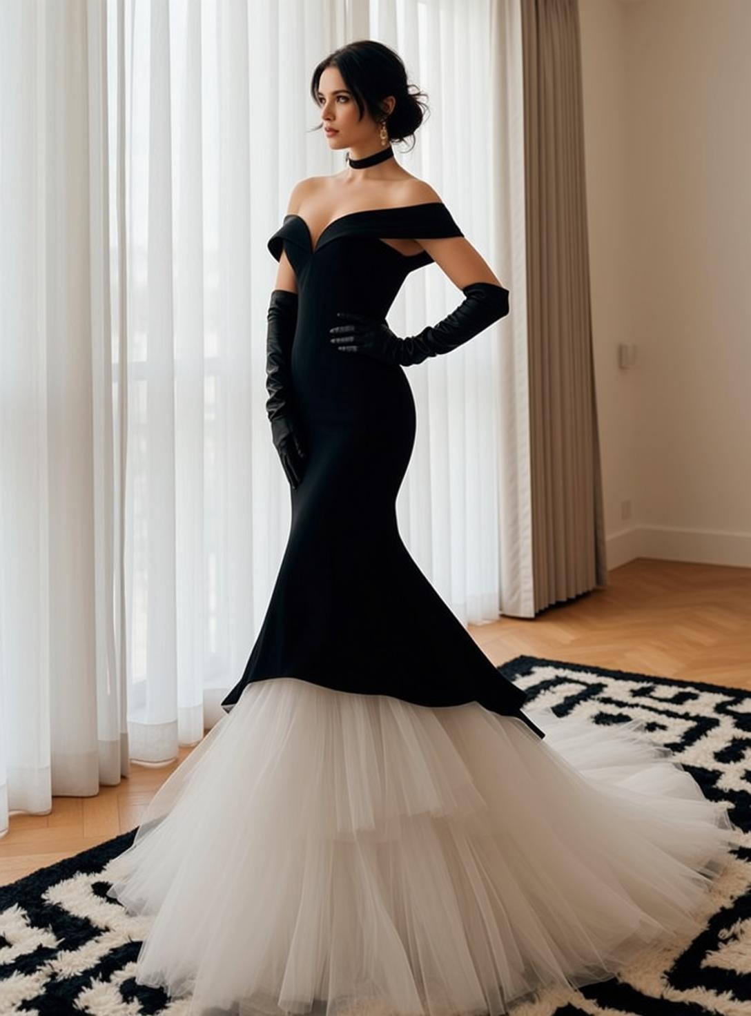 Black Gown Tulle Skirt Window