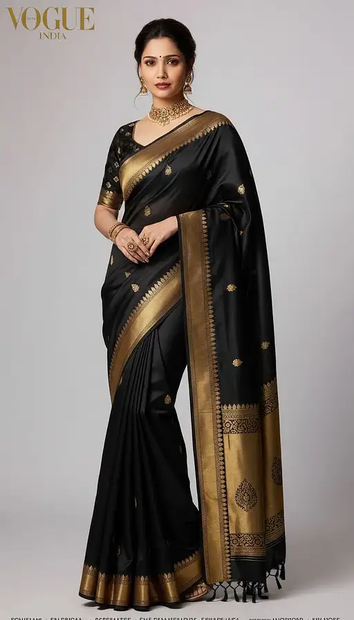 Face Exact Mach Wearing Black Saree Golder Border Full-body Shot