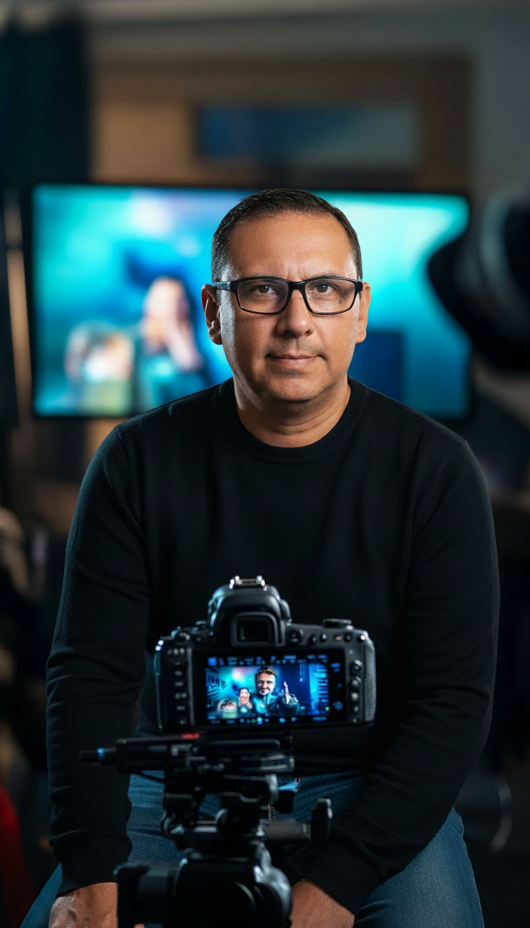 Un hombre profesional sentado en un moderno estudio de TV, grabando frente a una cámara DSLR, con luces azules y verdes desenfocadas de fondo.