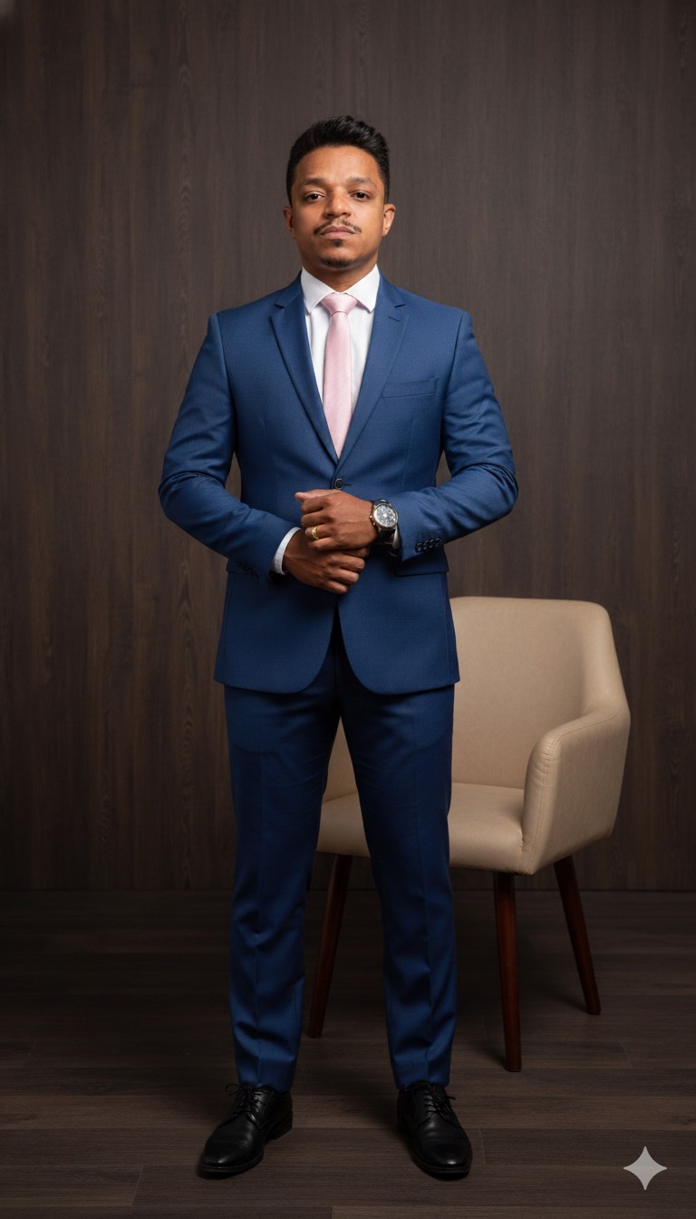 Homem de pé em terno azul royal, fundo monocromático, estúdio minimalista, cabelo e rosto delimitados com realismo.