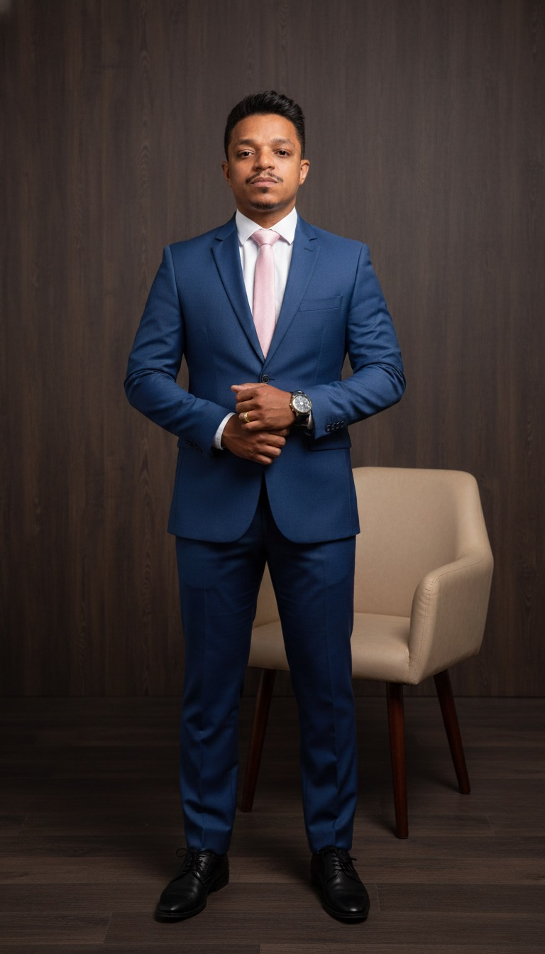Homem de pé em terno azul royal, fundo monocromático, estúdio minimalista, cabelo e rosto delimitados com realismo.