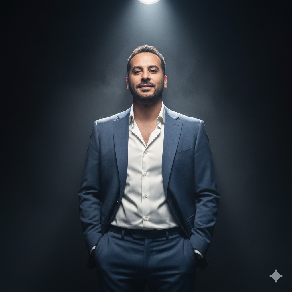 A confident man in a dark studio, wearing a slate-blue suit and white silk shirt, hands in pockets, with soft smoke and dramatic spotlight.