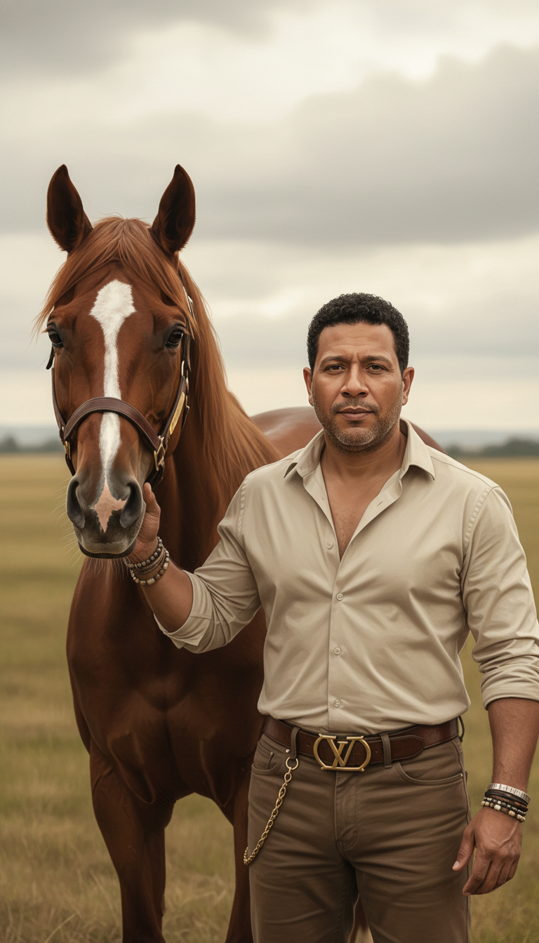 Retrato cinematográfico de un hombre elegante al lado de un caballo castaño en un campo abierto.