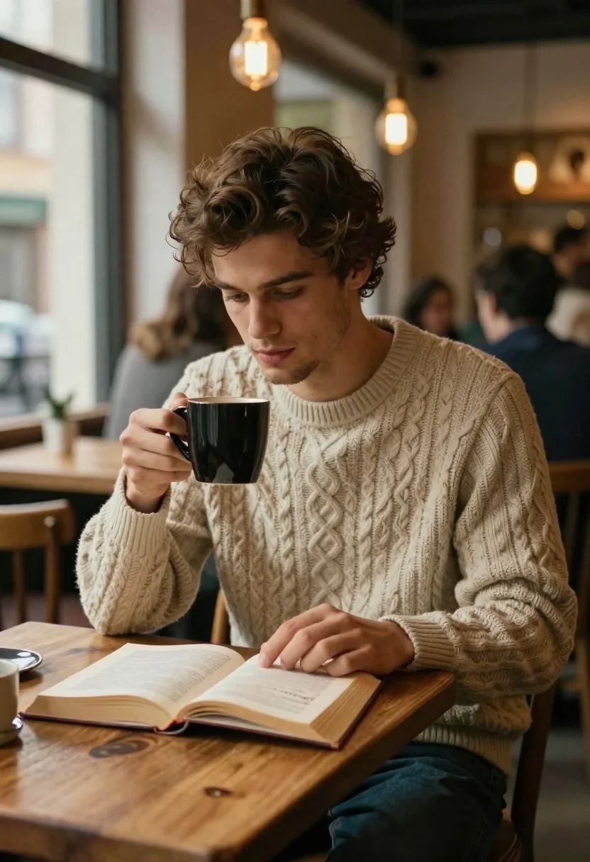 Young Man With Wavy Brown Hair Sits Wooden Table Cozy