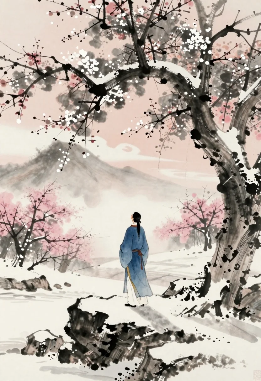 Traditional Ink Wash Painting Solitary Figure Standing Snow-dusted Rocks Under reference photo