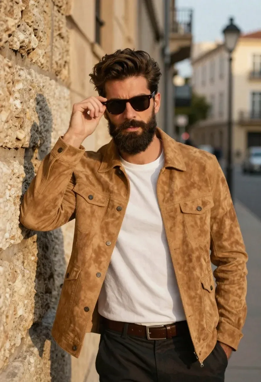 Handsome Man With Full Beard And Dark Sunglasses Leans Against