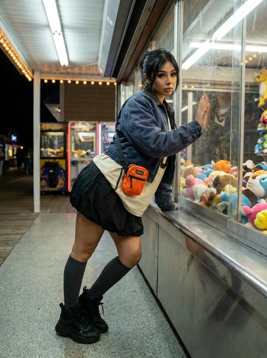 Arcade Boardwalk Claw Machine Profile Shot Night