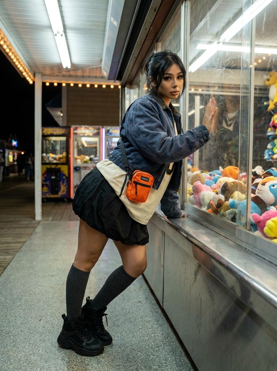 Arcade Boardwalk Claw Machine Profile Shot Night