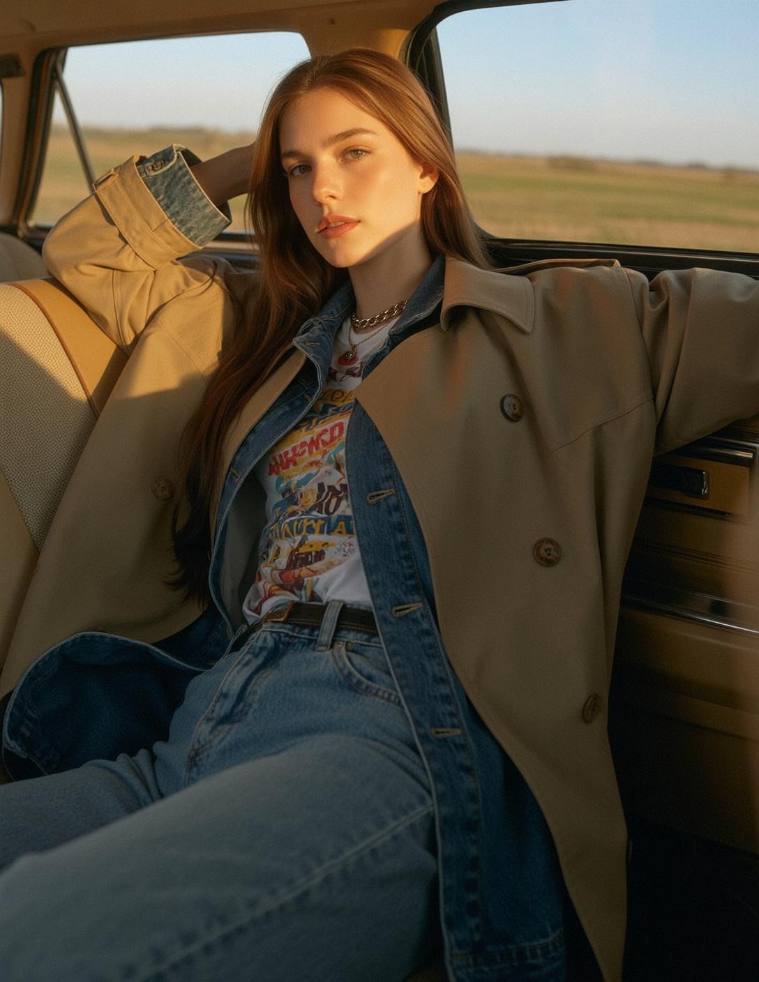 Woman In Trench Coat In Car Golden Light