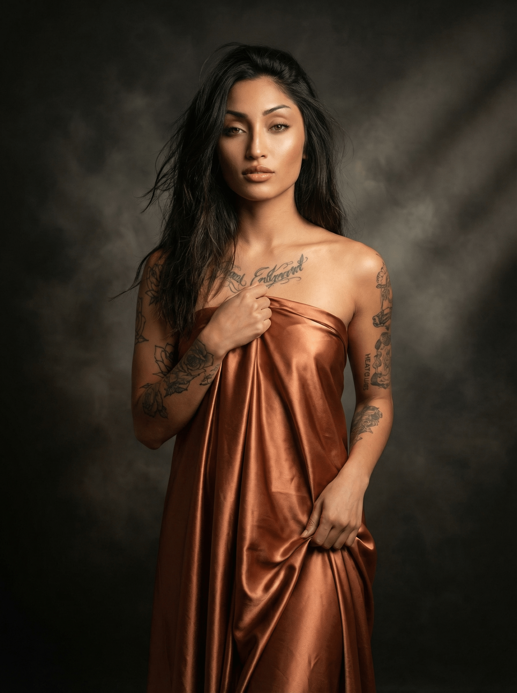Coppery Satin Gown Dark Studio Smoky Light