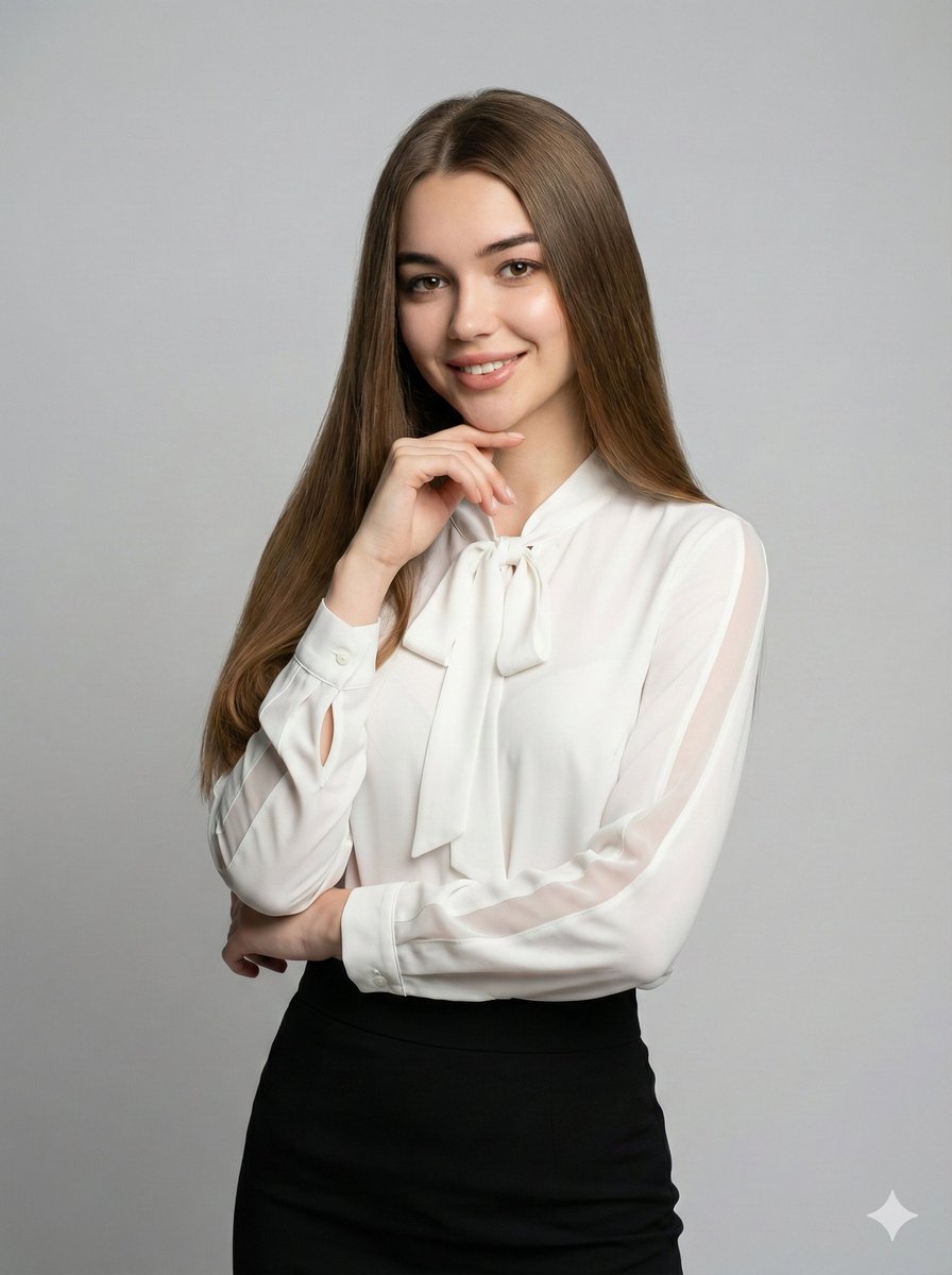 Professional female portrait in an elegant white blouse with a sophisticated pose against a smooth light grey backdrop.