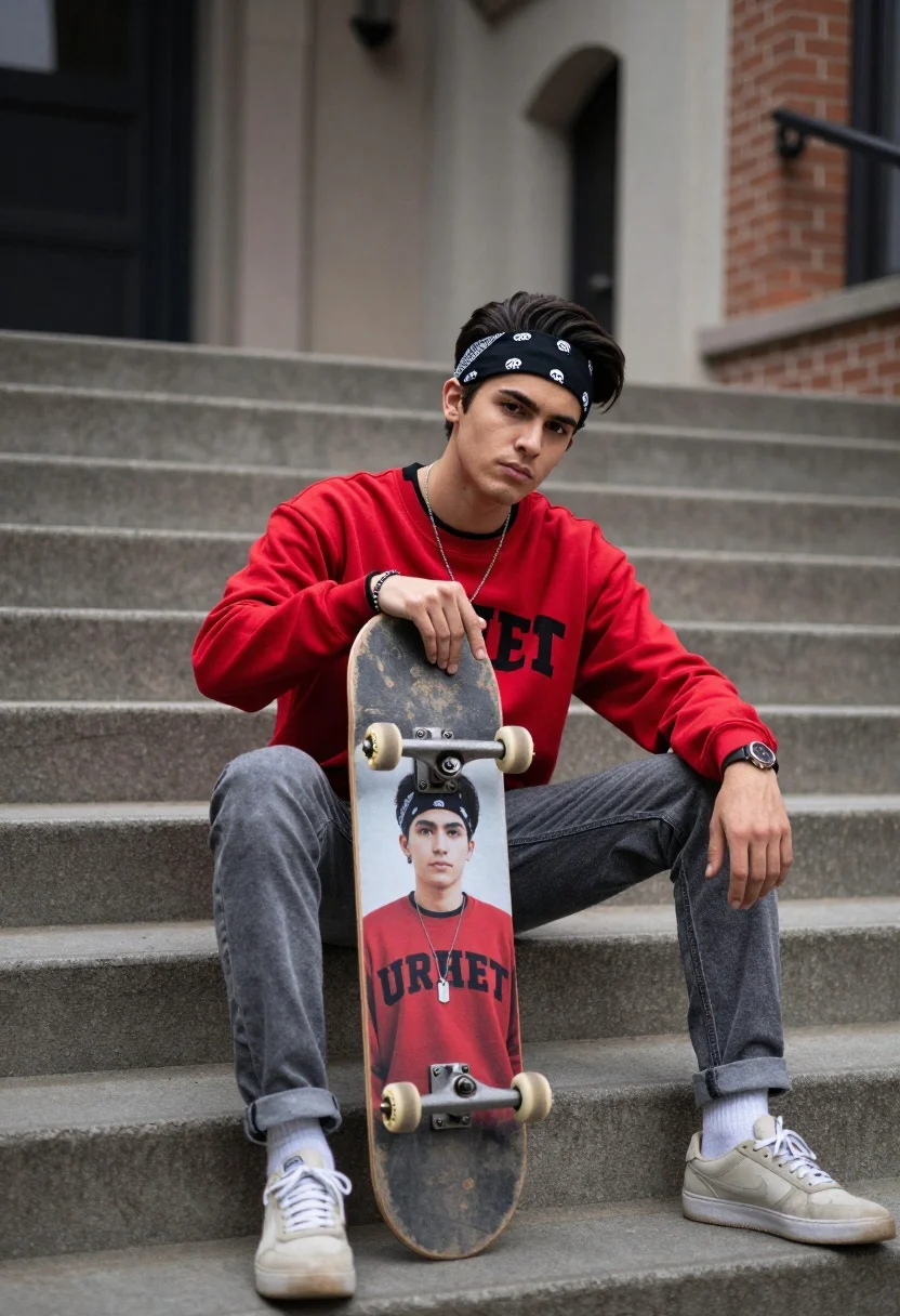 Young Man Sits Cross-legged Concrete Stairs Holding Skateboard With His
