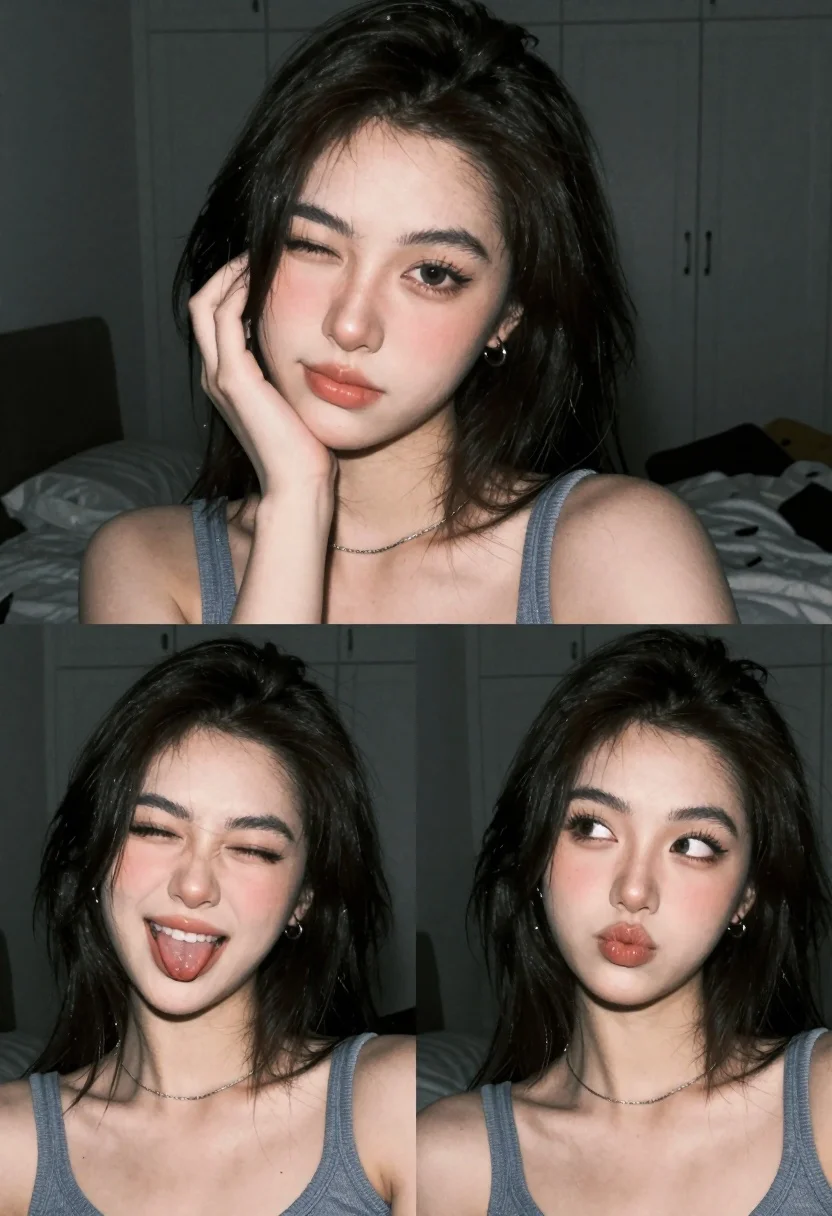 Collage Three Close-up Portraits Featuring Young Woman With Dark Shoulder-length