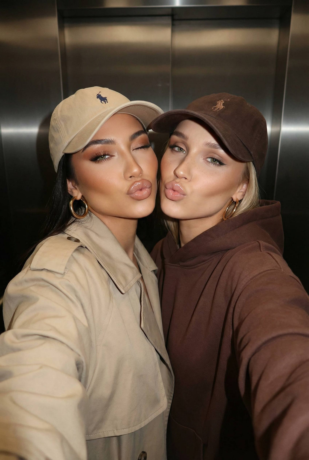 Ultra-realistic selfie of two fashionable women with playful expressions, indoors with soft lighting, wearing trench coats and large gold hoop earrings.