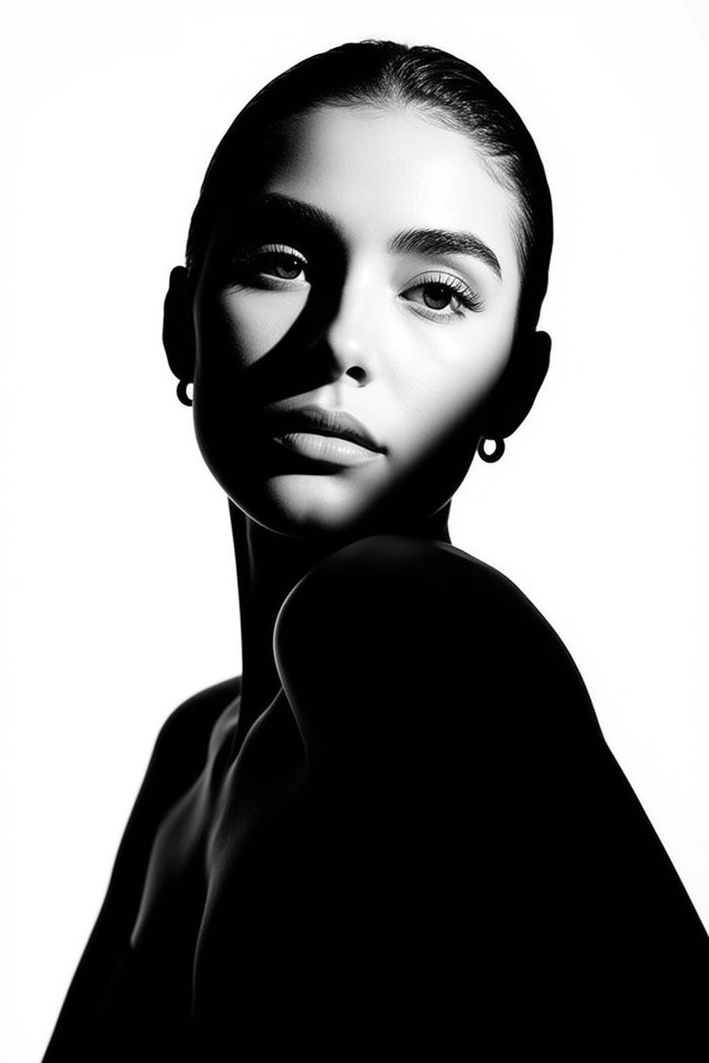 Photorealistic Black And White Medium Shot Portrait Young Woman With