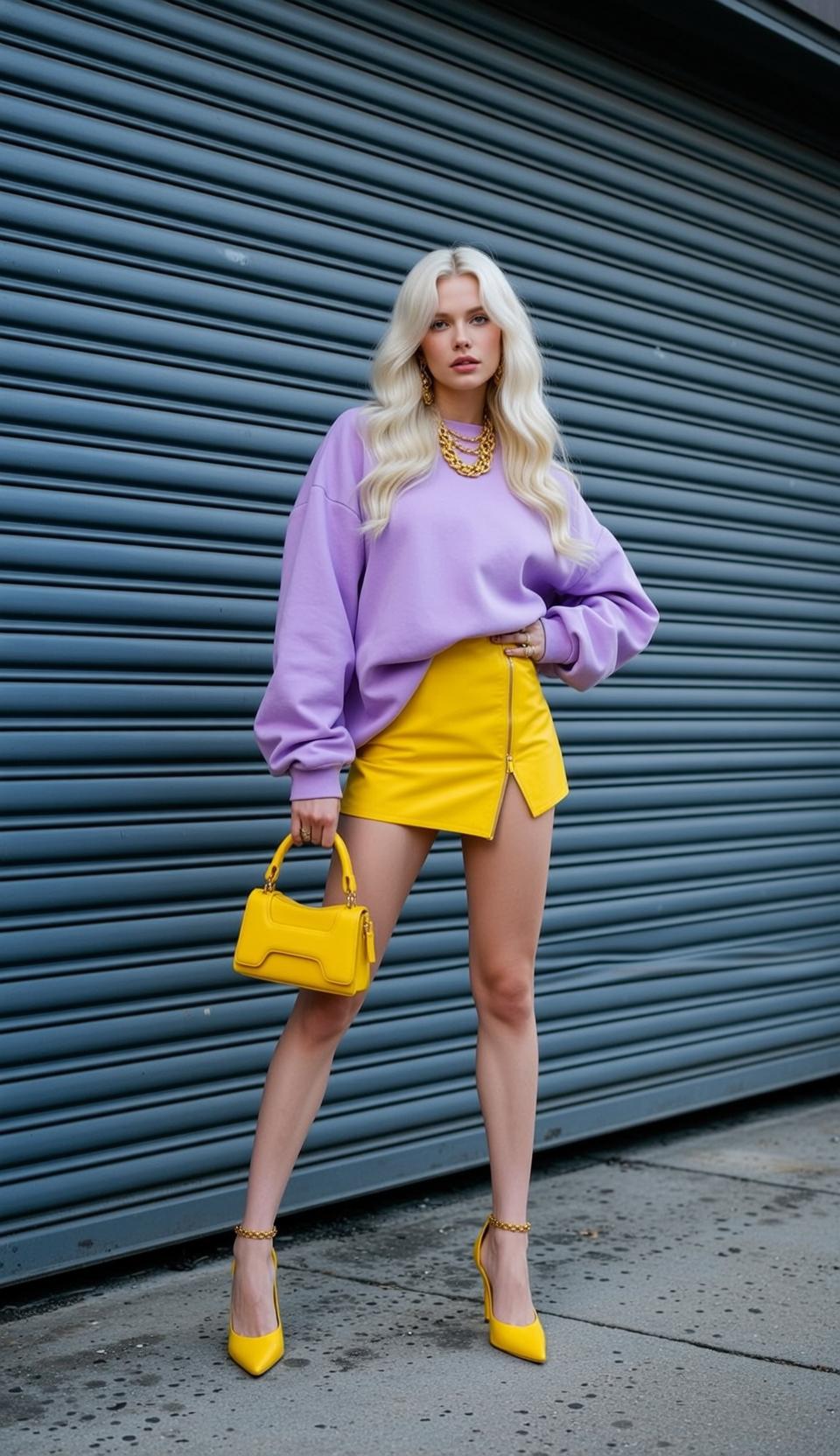 Lavender Sweatshirt Yellow Mini Skirt Street Style