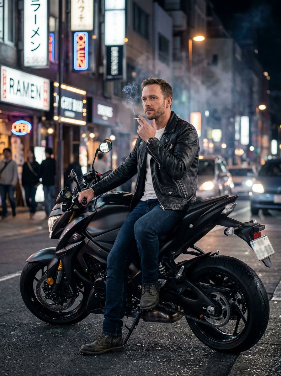 Smoking On Black Motorbike Urban Street Night