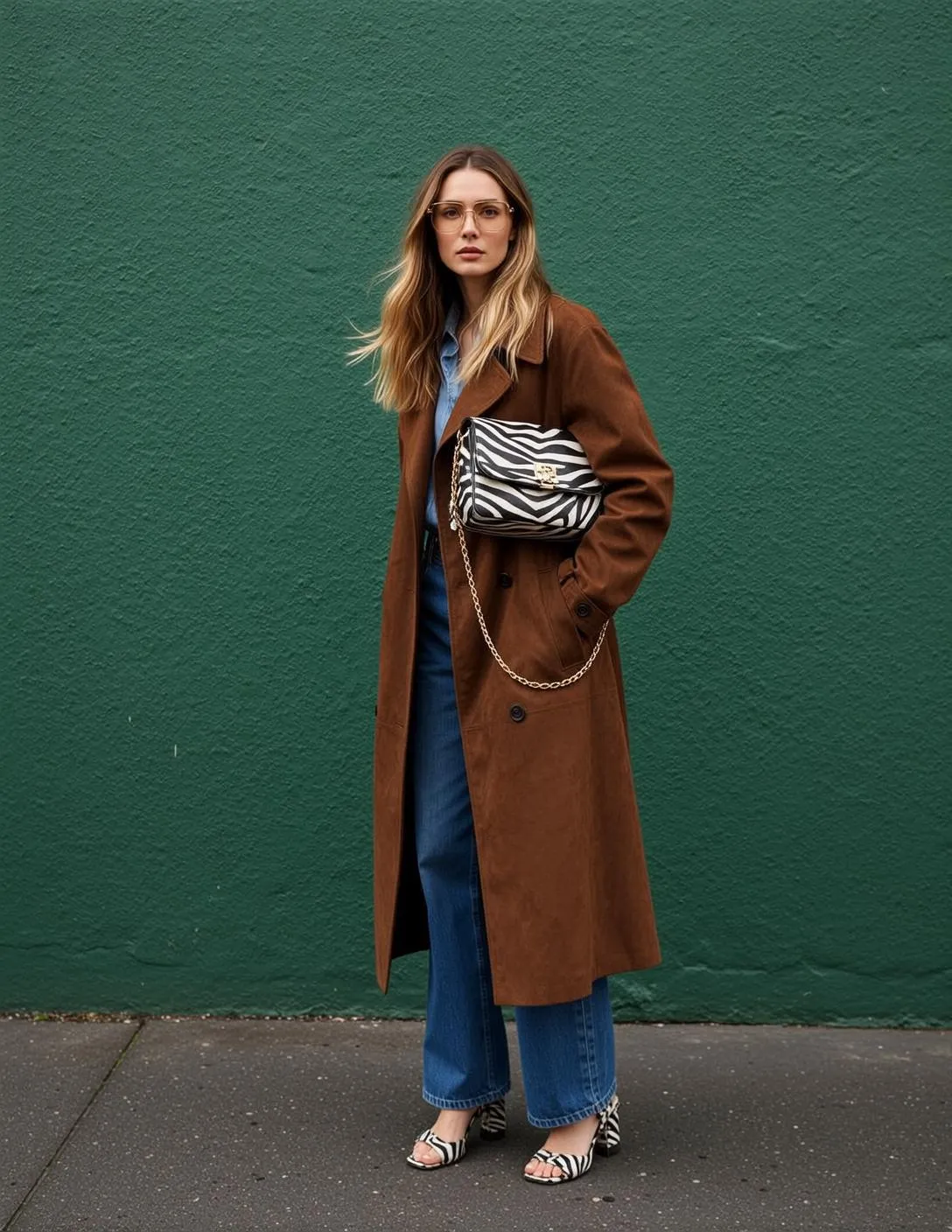 Glasses With Denim Shirt And Suede Trench On A Street