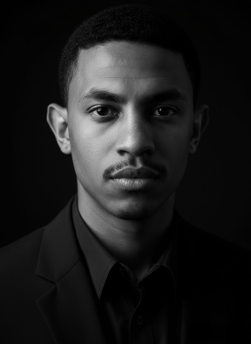 A high-quality black and white portrait of a man in serious expression, illuminated dramatically with strong shadows.