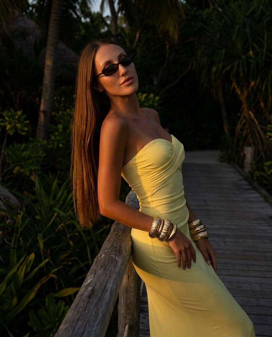 A woman in silhouette leaning on a wooden railing at twilight, surrounded by lush tropical vegetation.