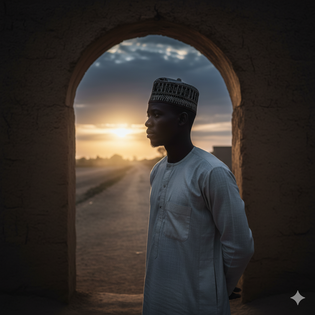 A photo-realistic cinematic portrait of a lone man in a kaftan under a dramatic shadowed twilight sky.