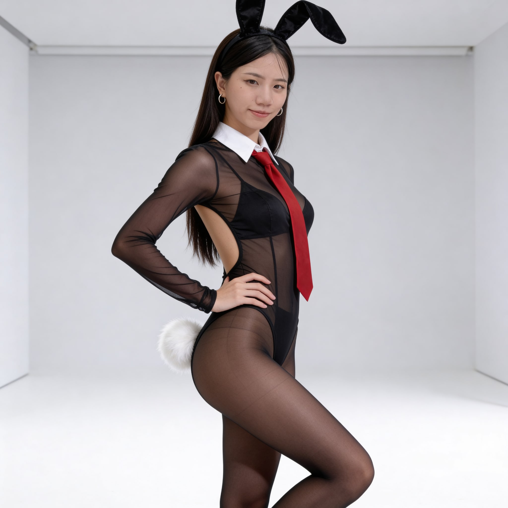 Slender East Asian woman in sheer black mesh bunny girl outfit with long dark brown hair.