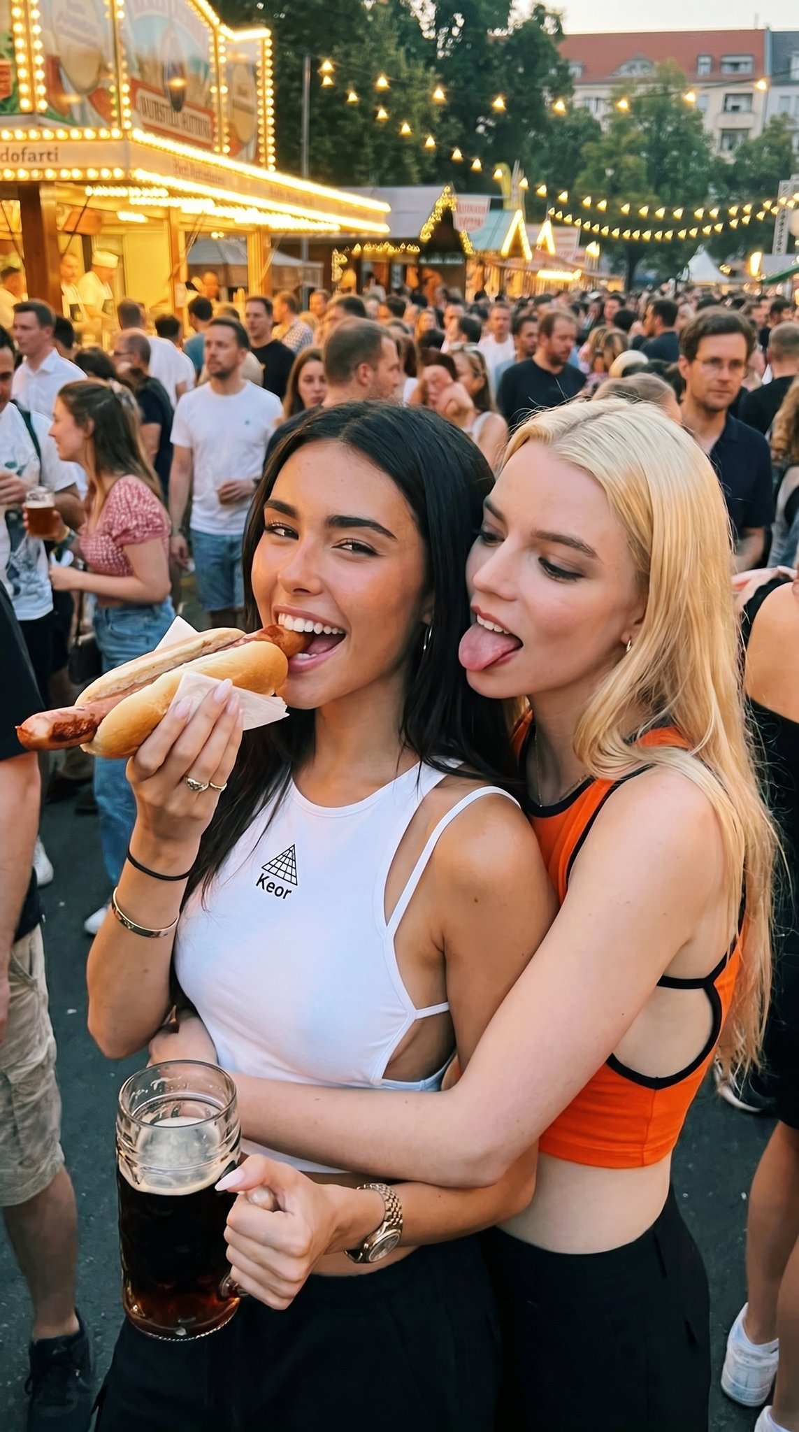 Outdoor Festival Dusk Two Women Embracing Bratwurst Beer