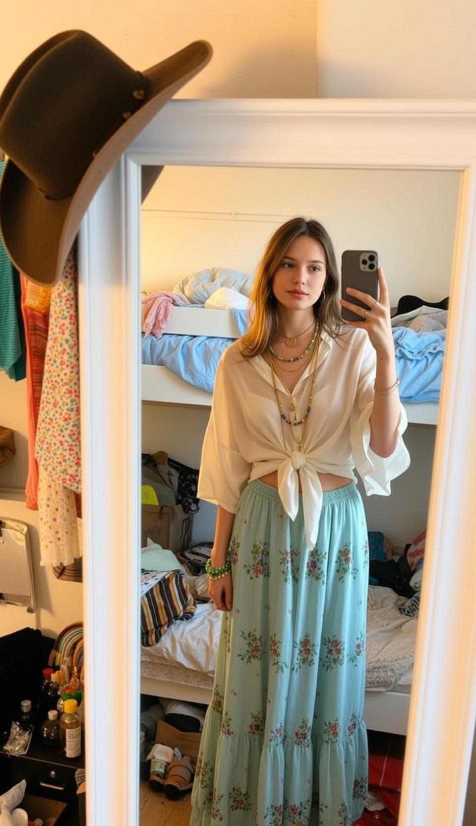 Bedroom Mirror Selfie White Blouse Floral Skirt