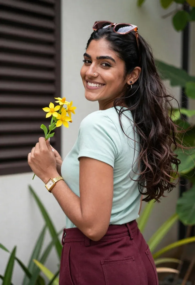Smiling Woman With Long Dark Wavy Hair Looks Back Over