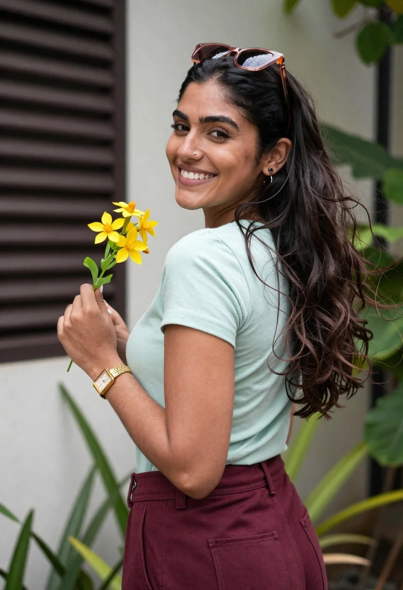 Smiling Woman With Long Dark Wavy Hair Looks Back Over reference photo