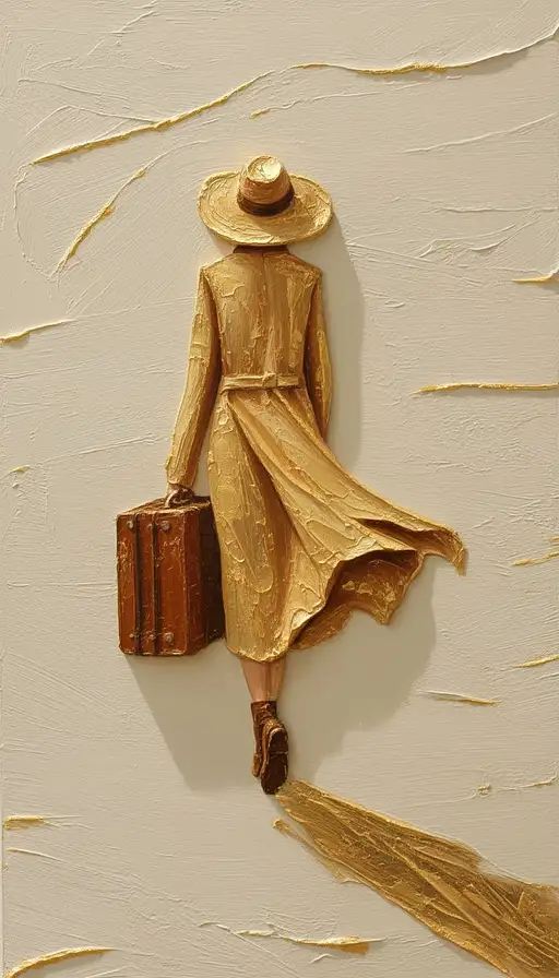 Elegant Oil Painting High Relief Portraying Solitary Woman Walking Slowly