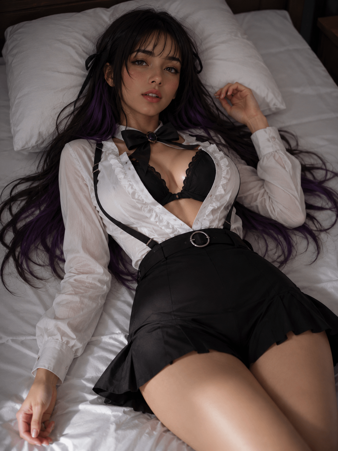 A detailed anime illustration of a woman reclining on white pillows, showcasing long black hair with purple tips, elegant bedroom setting.
