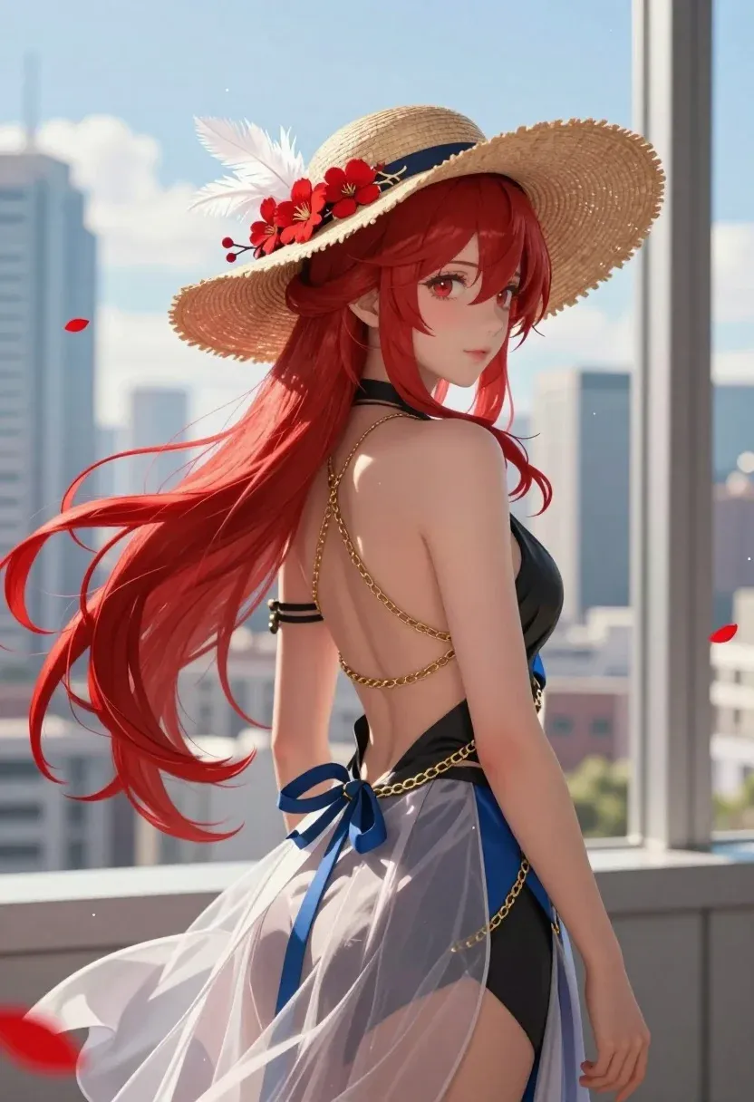 Woman With Long Flowing Red Hair Stands Profile Against City