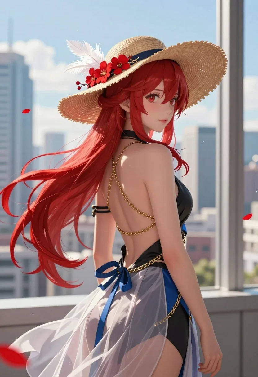 Woman With Long Flowing Red Hair Stands Profile Against City