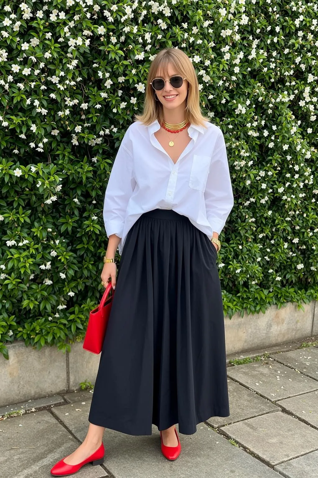 Sunglasses And Earrings And Necklace With White Shirt