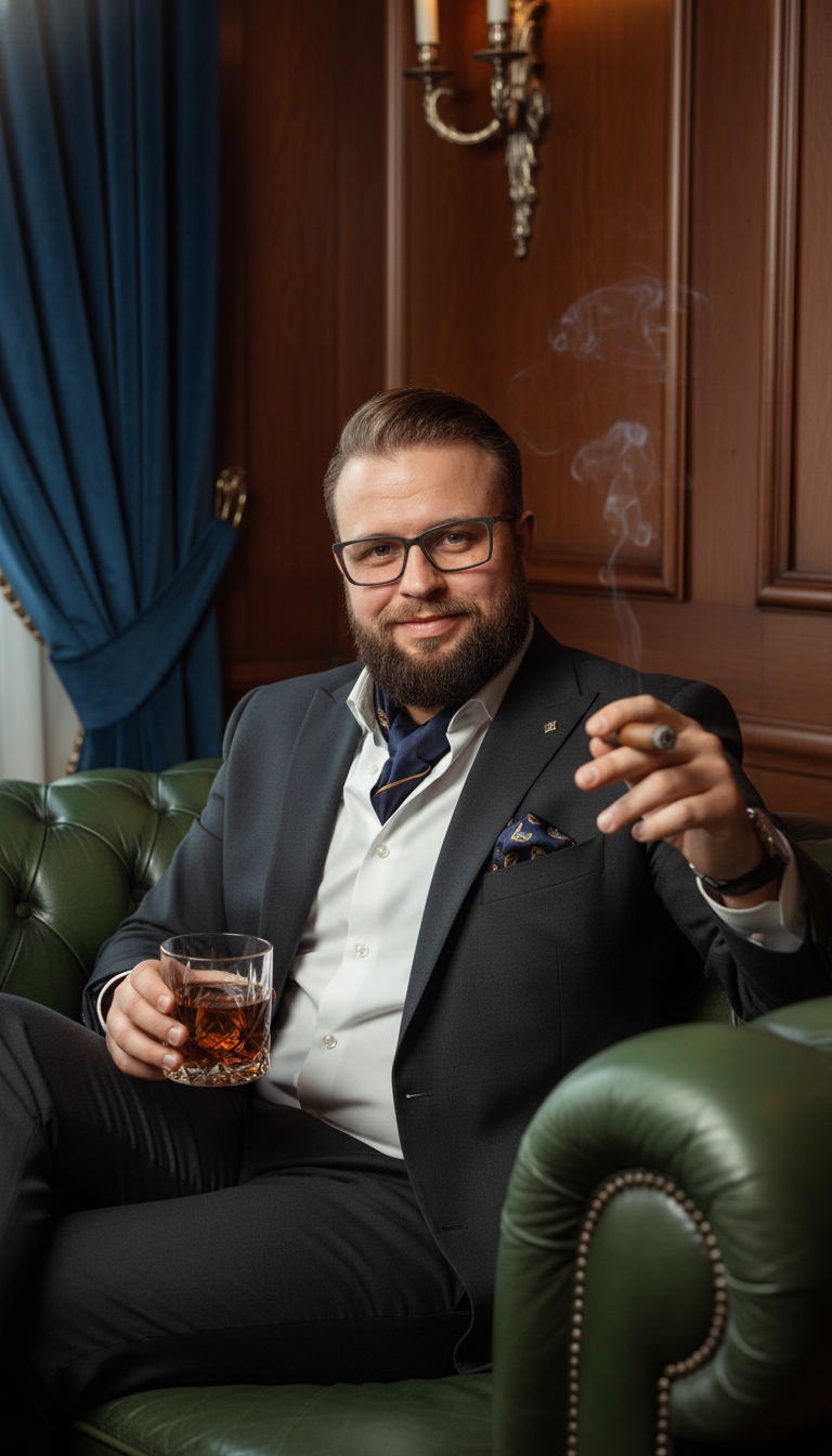 A sophisticated male model in an elegant dark suit, seated on a dark green leather sofa, holding a drink and cigar with a relaxed expression.