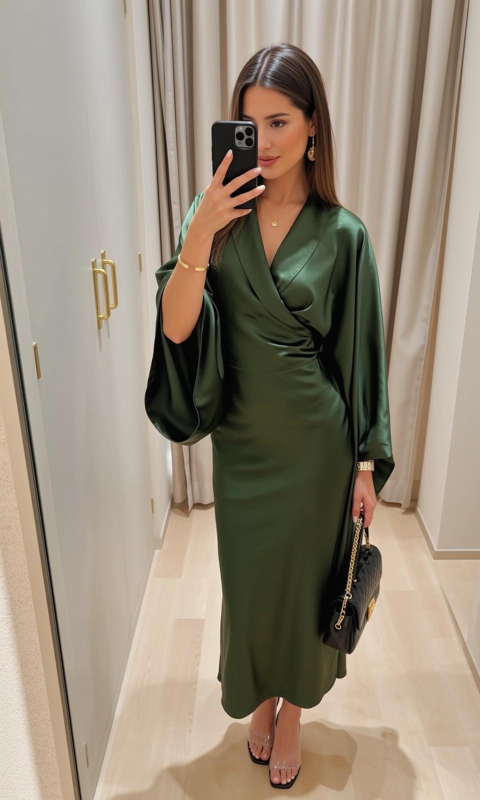 Forest Green Satin Dress Mirror Selfie