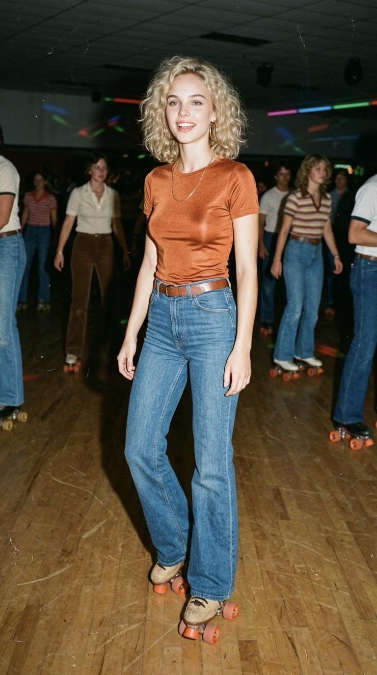 Roller Rink With 70s Skaters And Neon Light