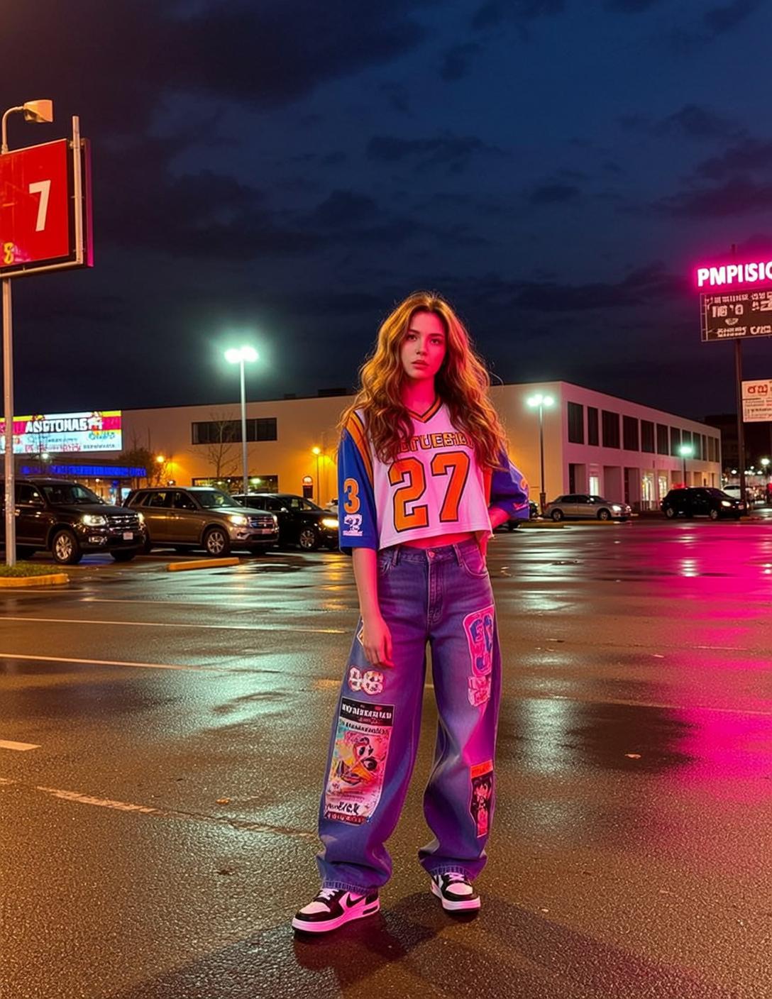 Auburn Hair Woman Basketball Jersey Denim Jeans Night Parking Lot