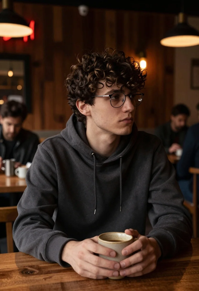 Young Man With Curly Dark Hair Sits Alone Wooden Table