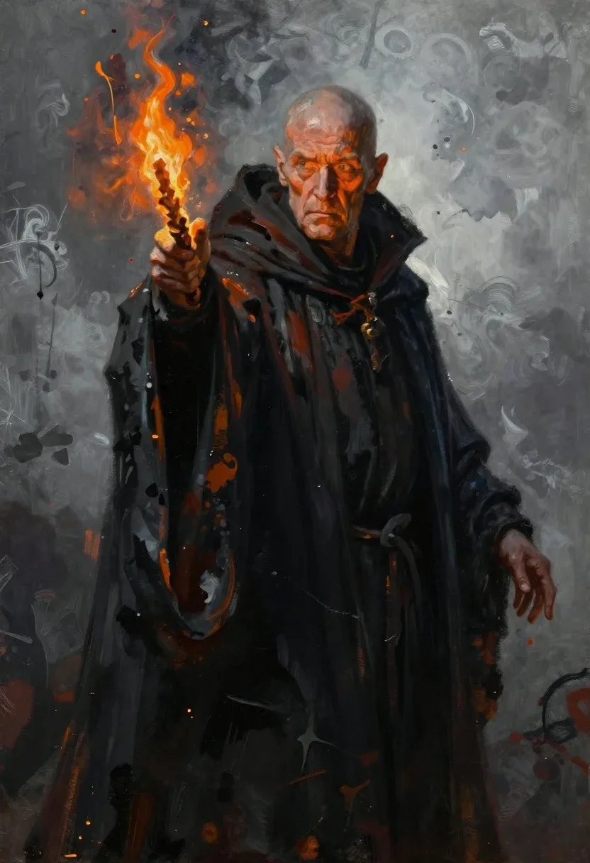 Oil Painting Dramatic Dark Wizard Pointing Forward With Intense Focus