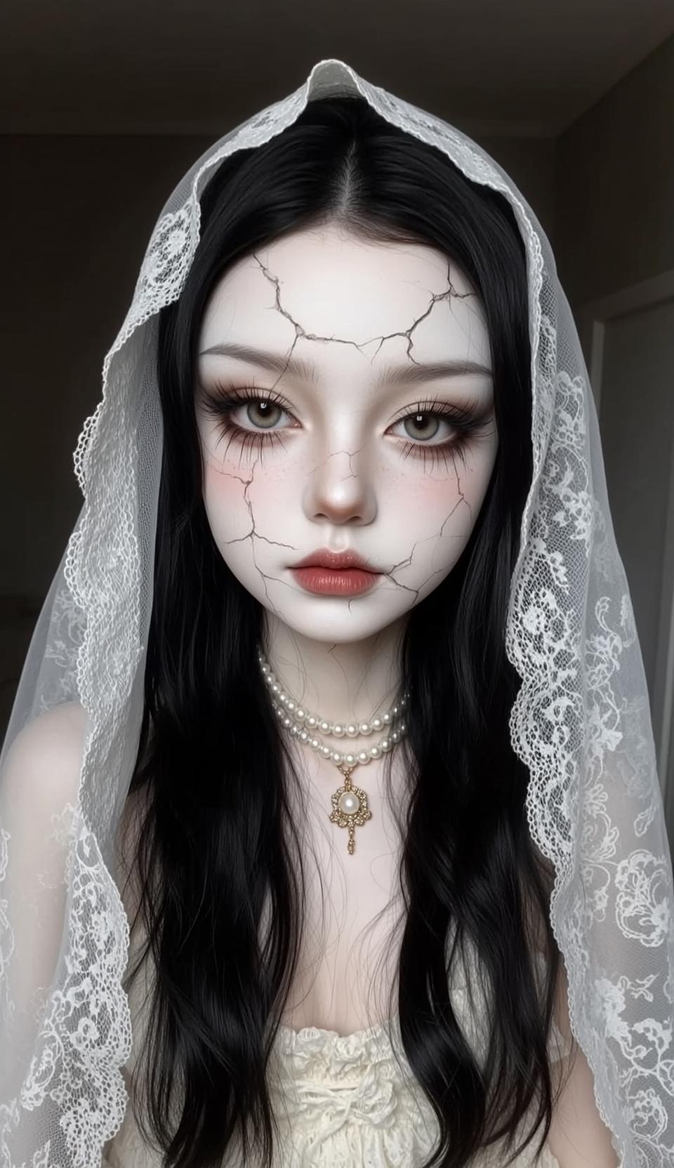 Halloween Makeup Porcelain Doll Cracked Long Black