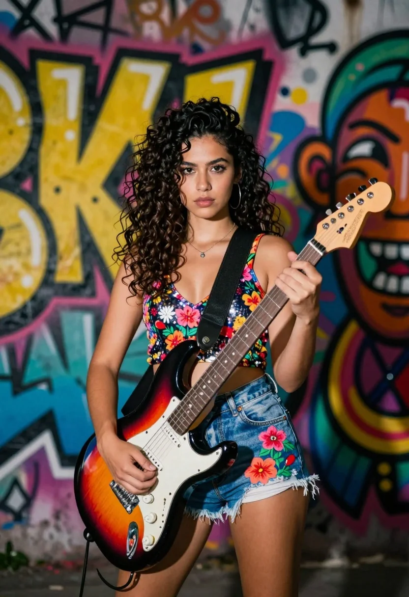 A confident young woman with dark curly hair holds a colorful electric guitar against a vibrant graffiti wall.