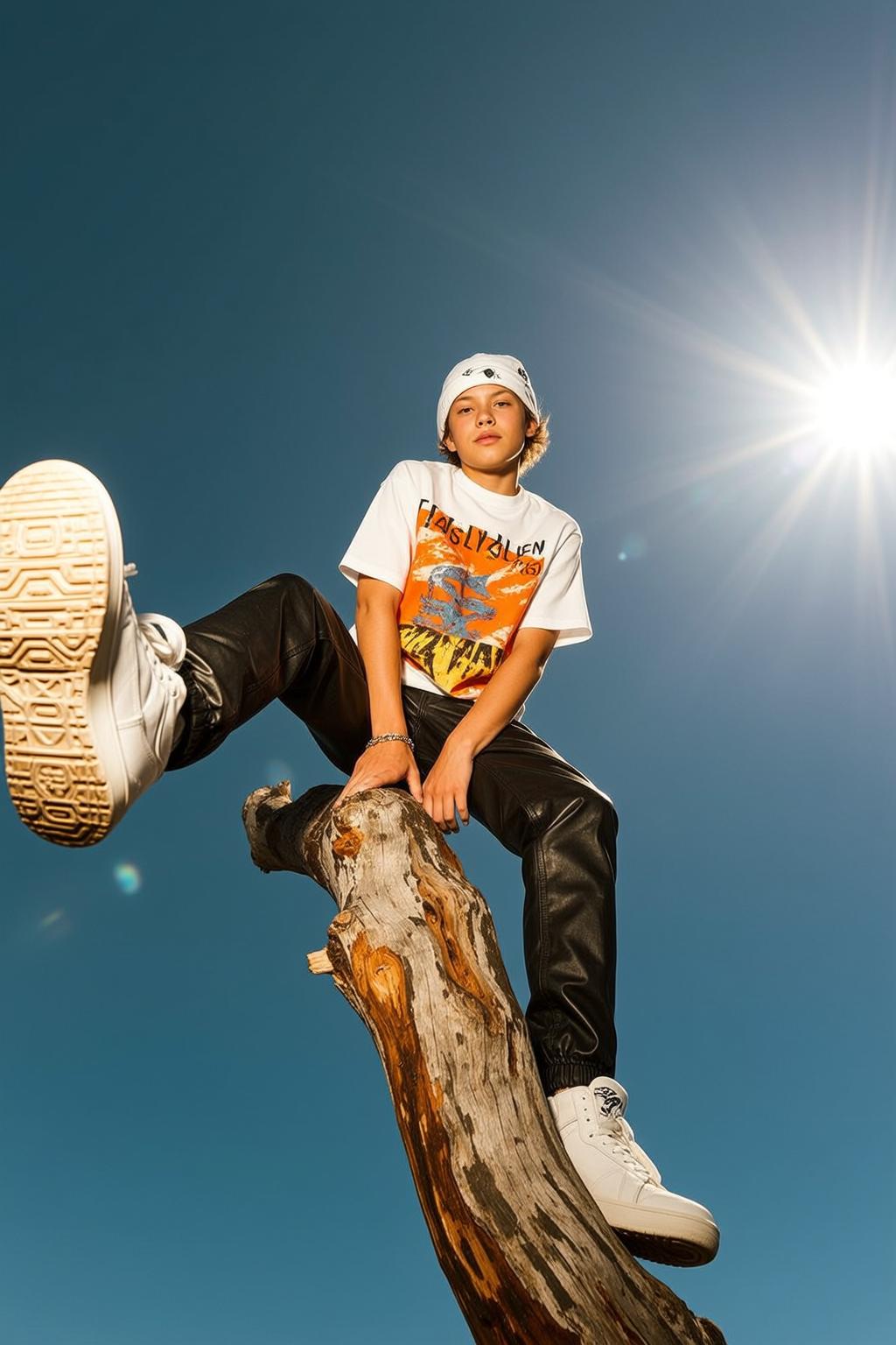 Boy On Tree Branch White Graphic Tee Black Leather Pants