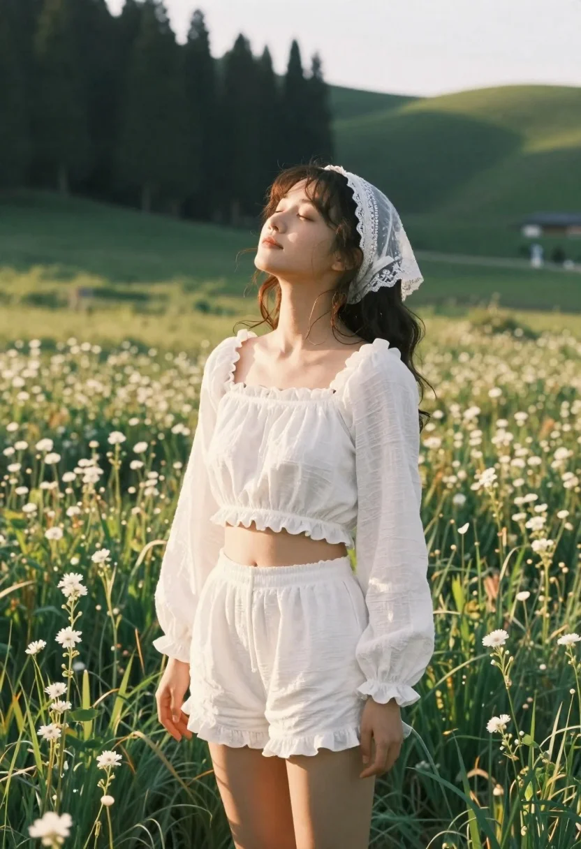 Serene Woman Stands Sunlit Meadow With Her Eyes Closed And