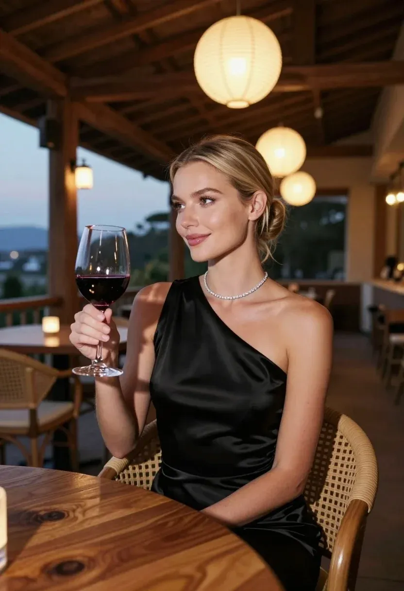 Woman Sits Wooden Table Open-air Restaurant Holding Glass Red Wine
