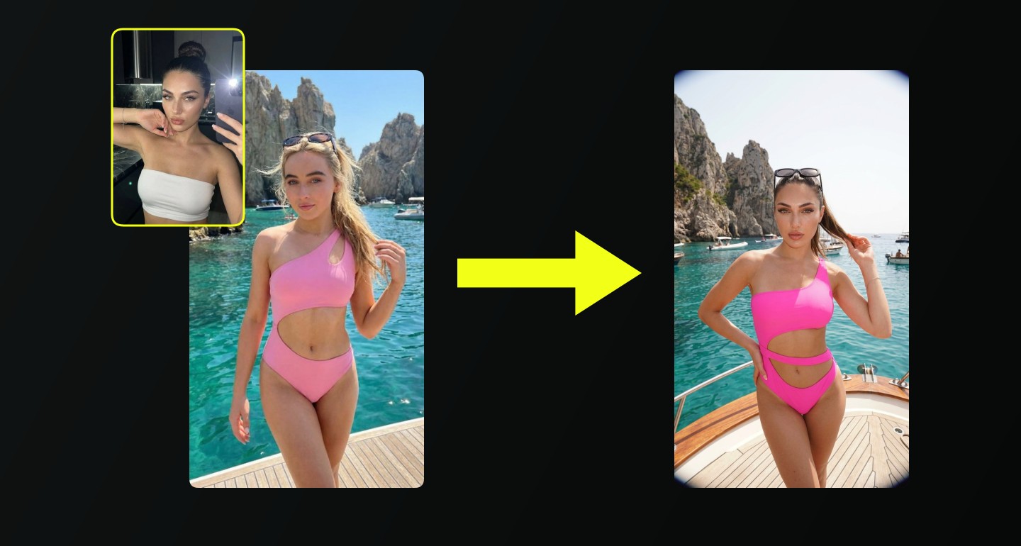 Lily remix walkthrough for Pink Swimsuit Boat Deck Turquoise Water Rocky Cliffs